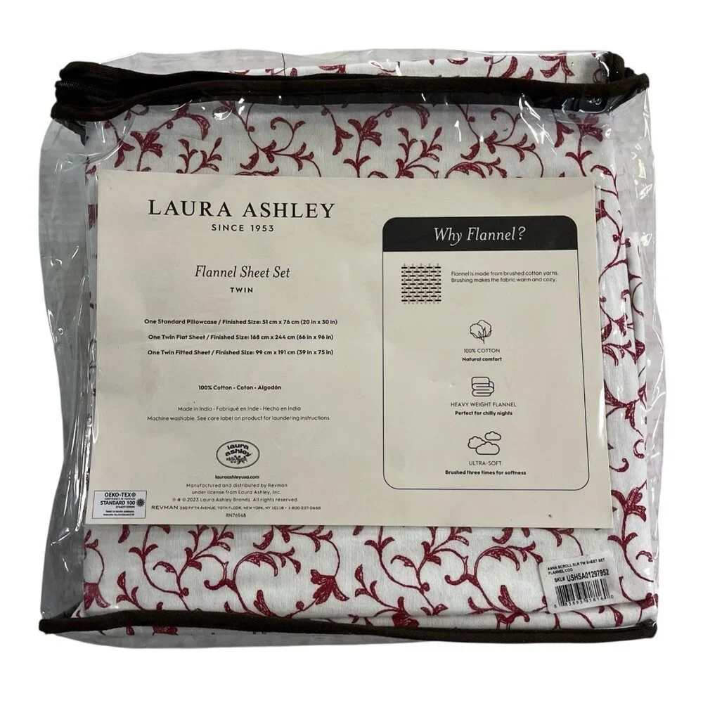 Laura‎ Ashley Flannel Sheet Set Twin Cotton Anna Scroll White Red All Over Print